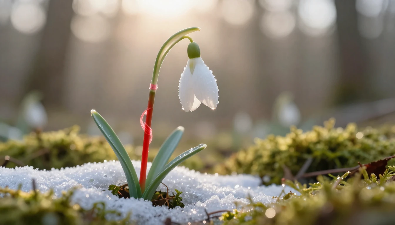 A delicate snowdrop flower gently breaking through a thin la...