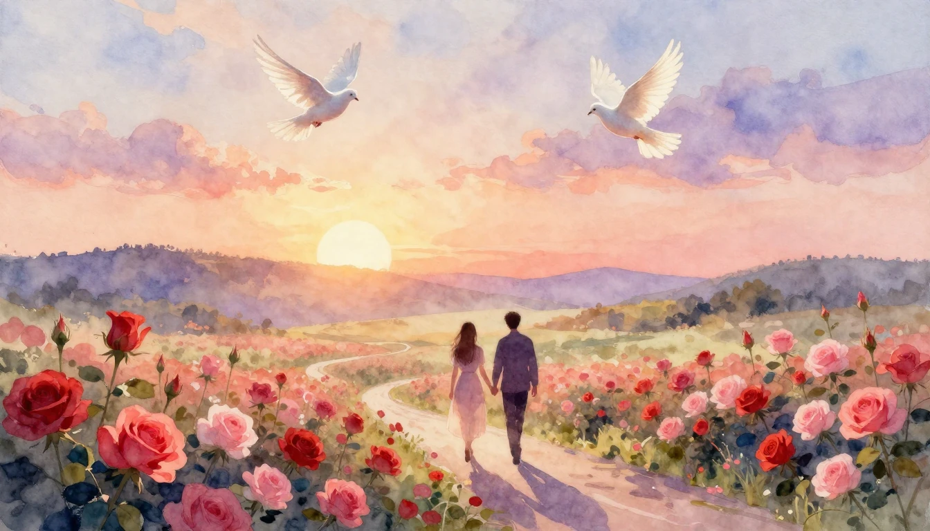 A soft and dreamy watercolor painting depicting a romantic a...