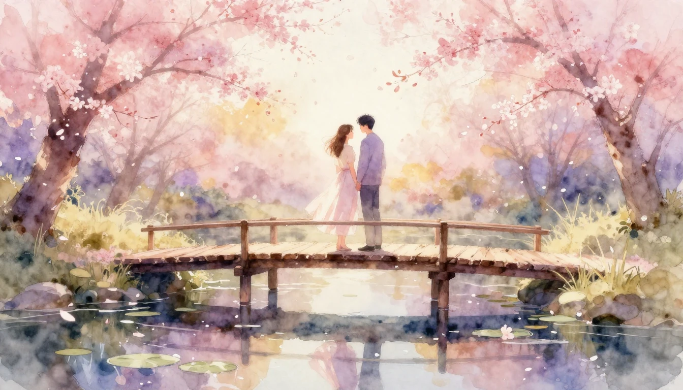 A dreamy and romantic watercolor painting of two lovers stan...