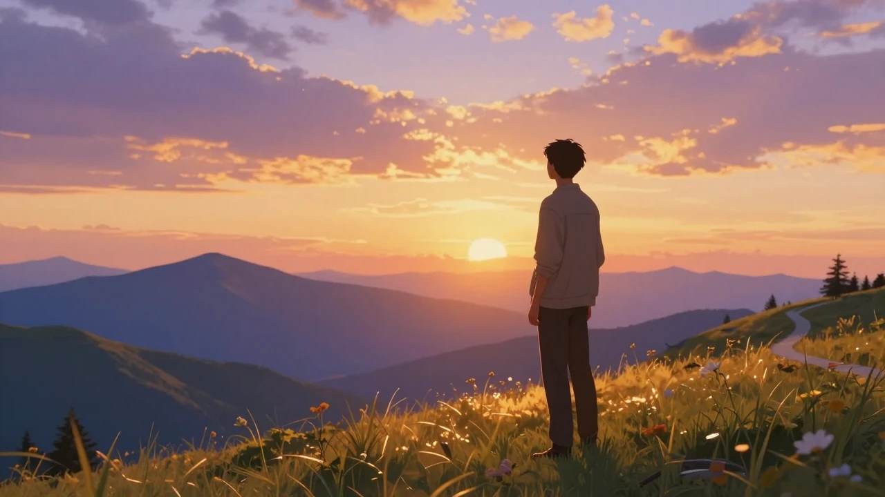 A cinematic high-quality illustration of a young man standin...