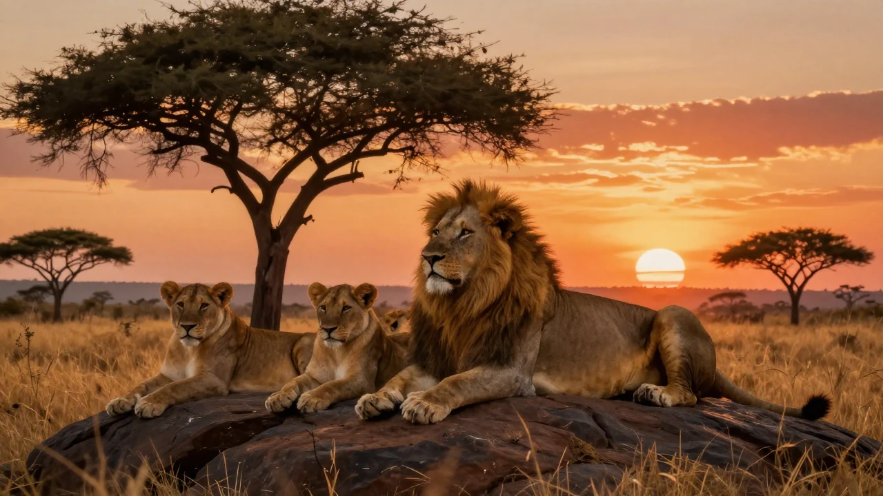 A majestic lion pride resting together on a sunlit rocky hil...
