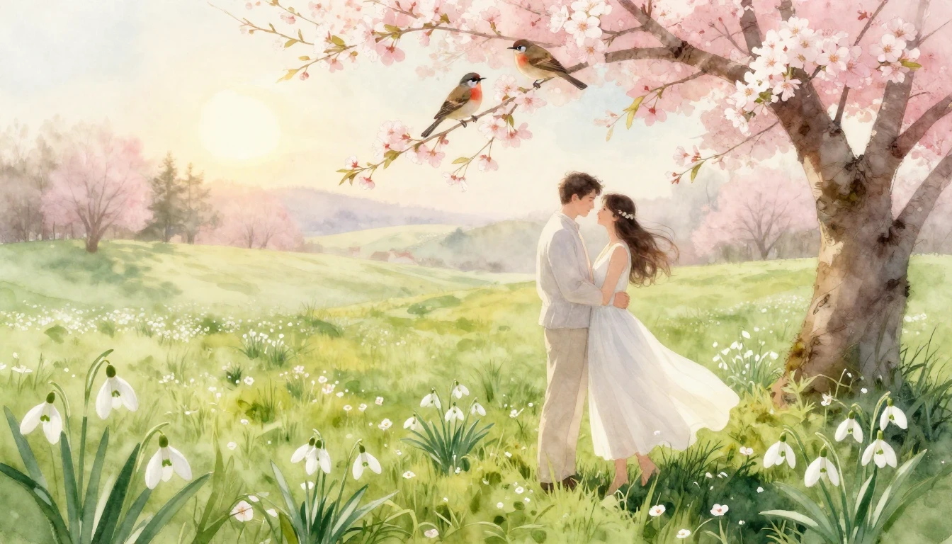 An ethereal and romantic watercolor painting of a couple sta...