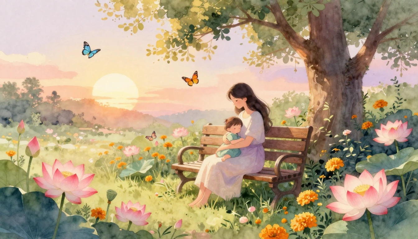 A beautiful and serene watercolor painting of a sun-drenched...