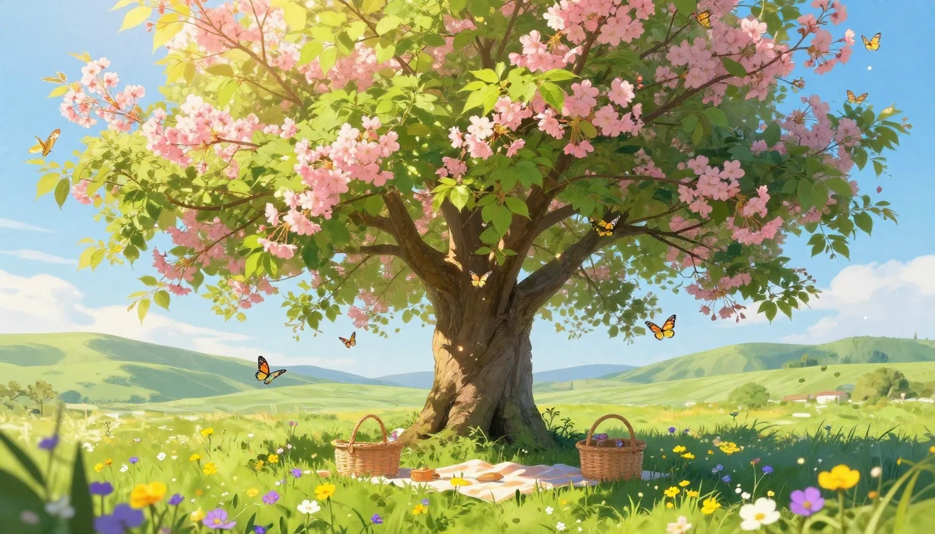 A vibrant and artistic spring scene without any text. A larg...