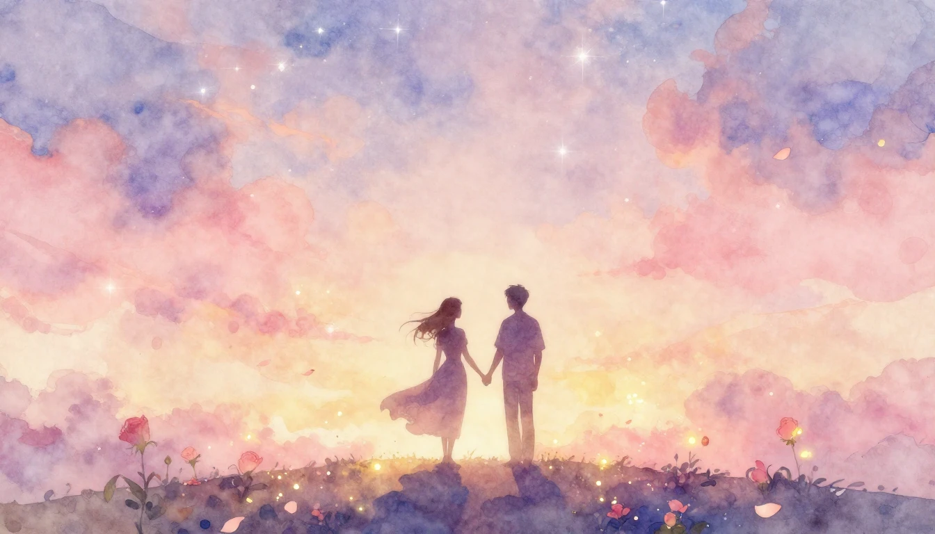 A romantic and ethereal watercolor painting of two silhouett...