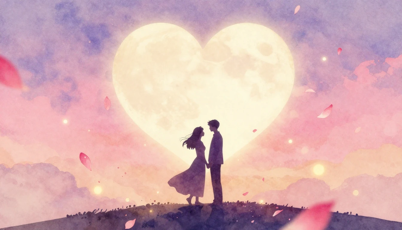 A romantic and dreamy watercolor painting depicting two silh...