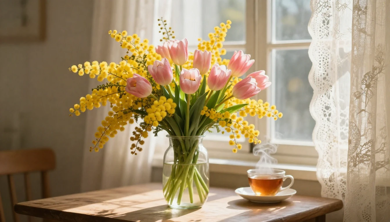 A beautiful and serene artistic scene featuring a lush bouqu...