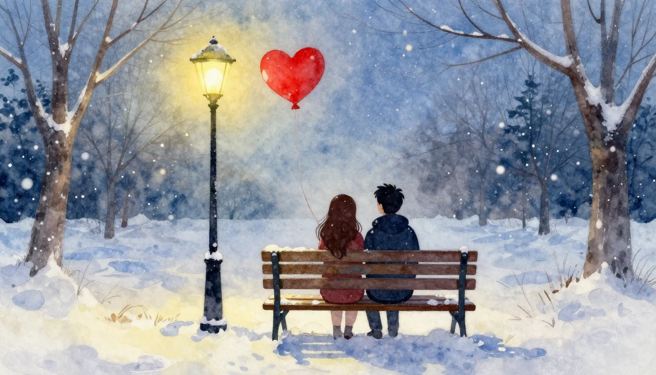 Soft watercolor painting. A cozy romantic scene featuring tw...