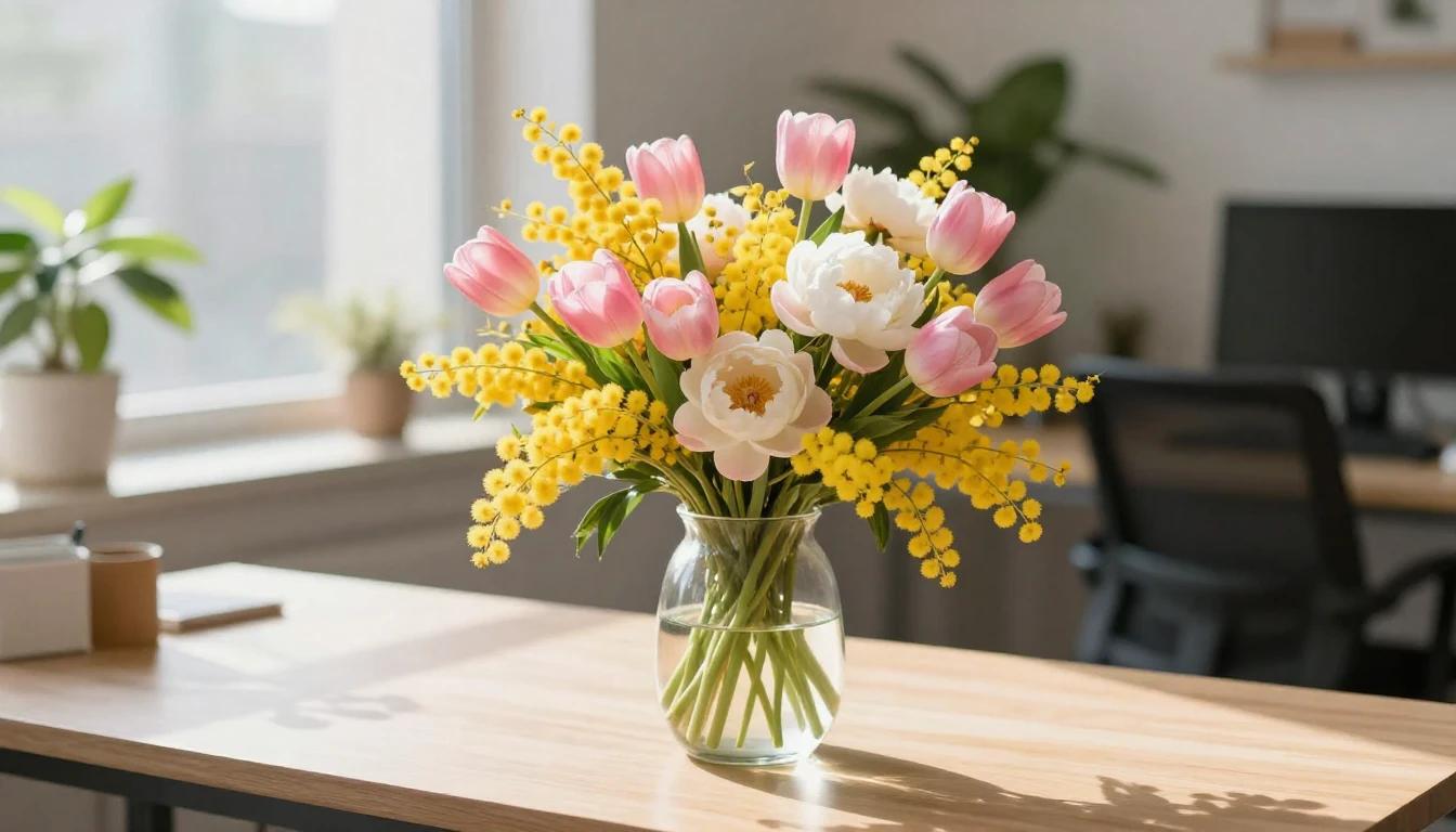A beautiful and vibrant bouquet of spring flowers including ...