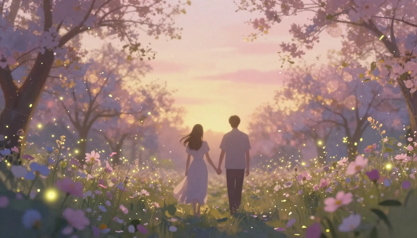 A dreamy and romantic scene in a blooming garden during suns...