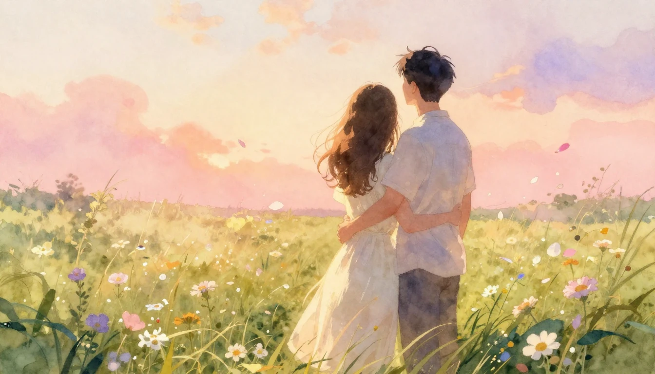 A beautiful and tender watercolor painting of a romantic cou...