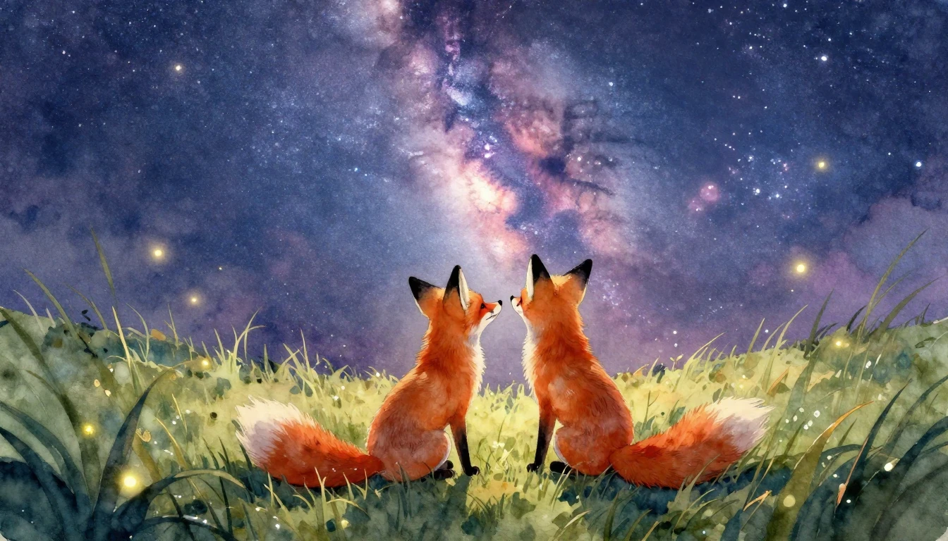 A dreamy and romantic watercolor painting of two foxes sitti...