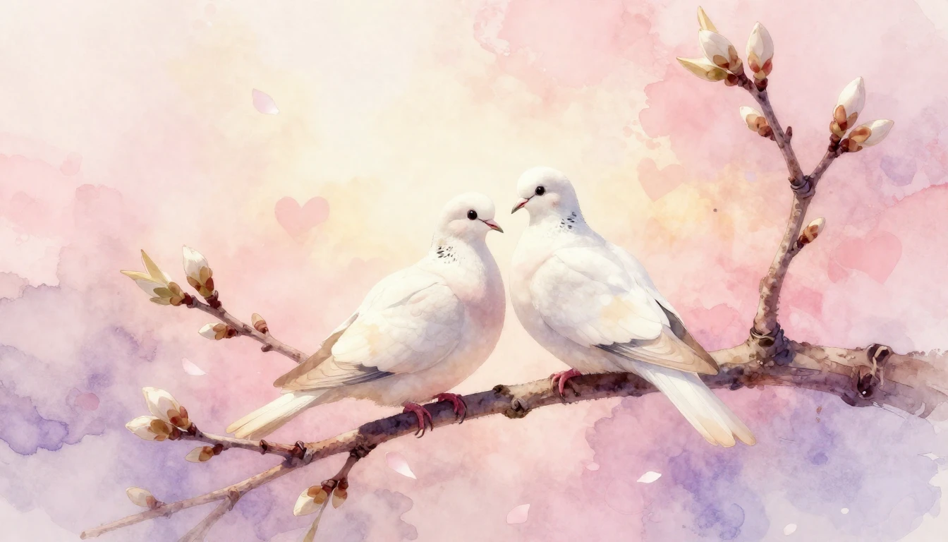 A soft, romantic watercolor illustration featuring two white...