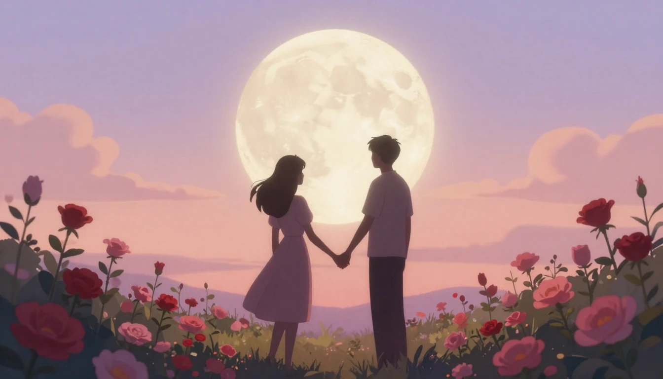 A dreamy and romantic scene featuring two silhouettes holdin...