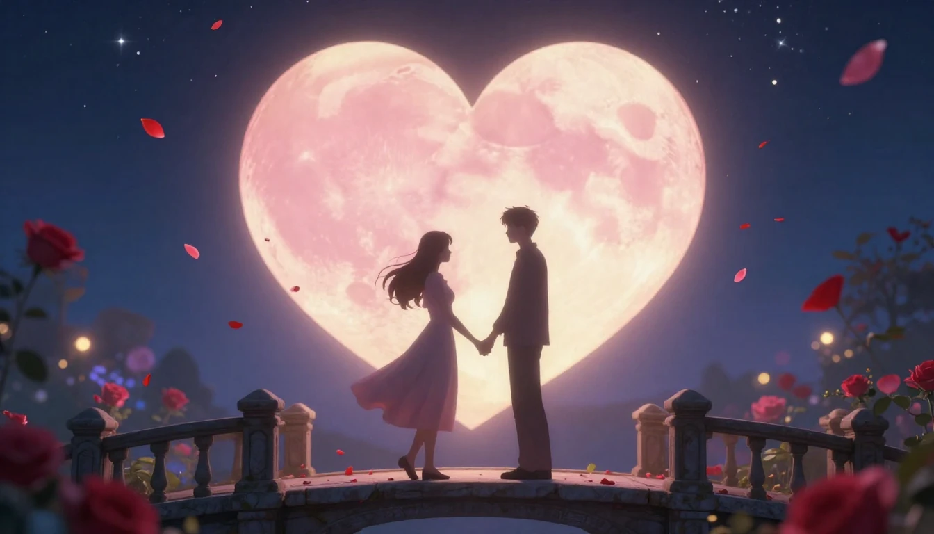 A romantic, dreamy scene depicting two ethereal silhouettes ...