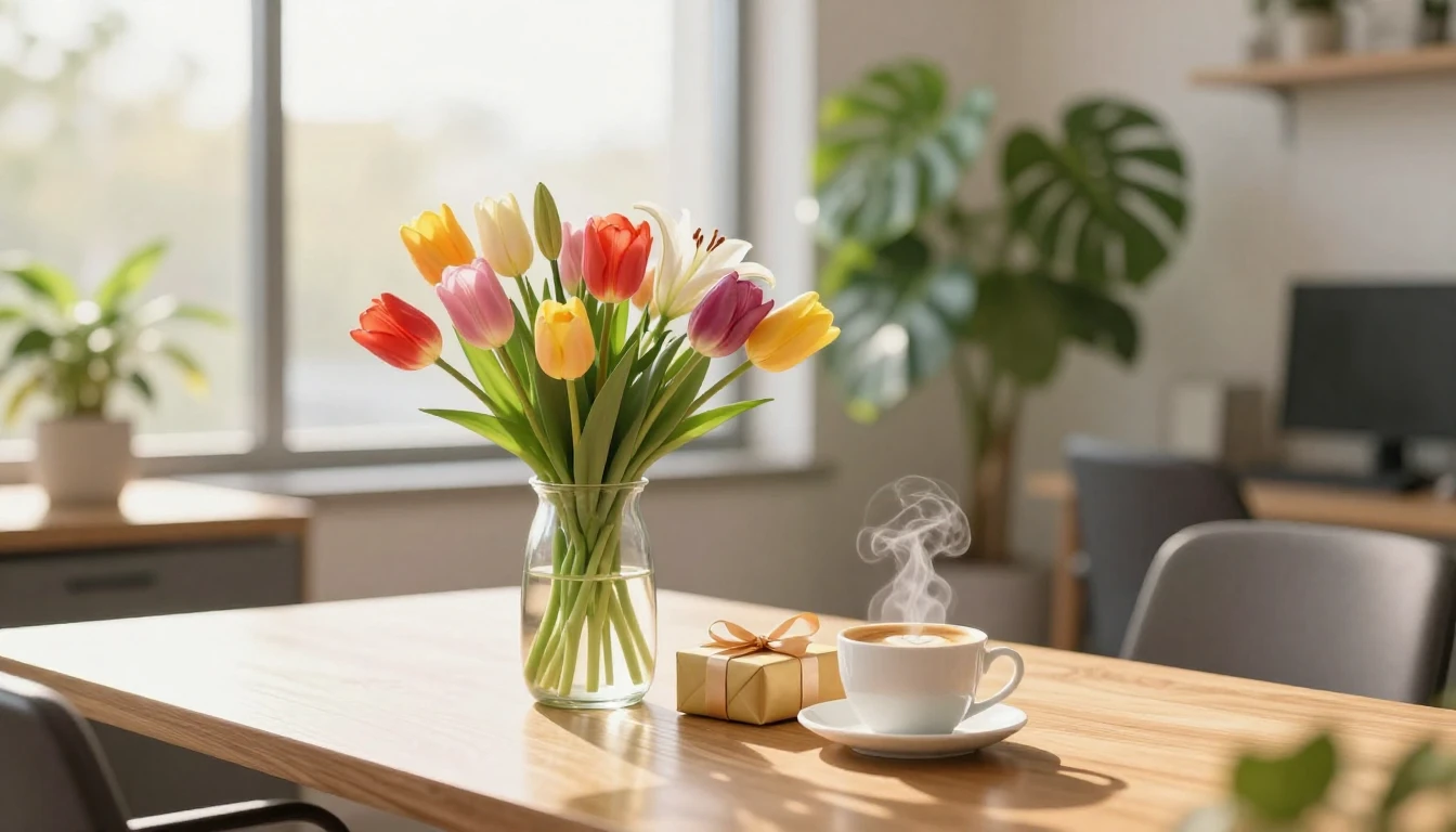 A bright and inviting modern office setting. On a polished w...