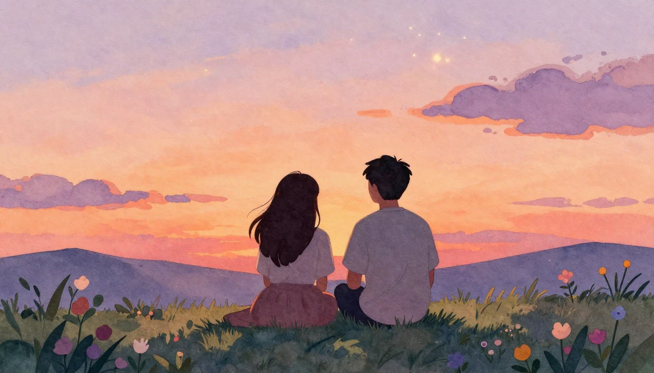 A heartwarming watercolor illustration depicting two silhoue...