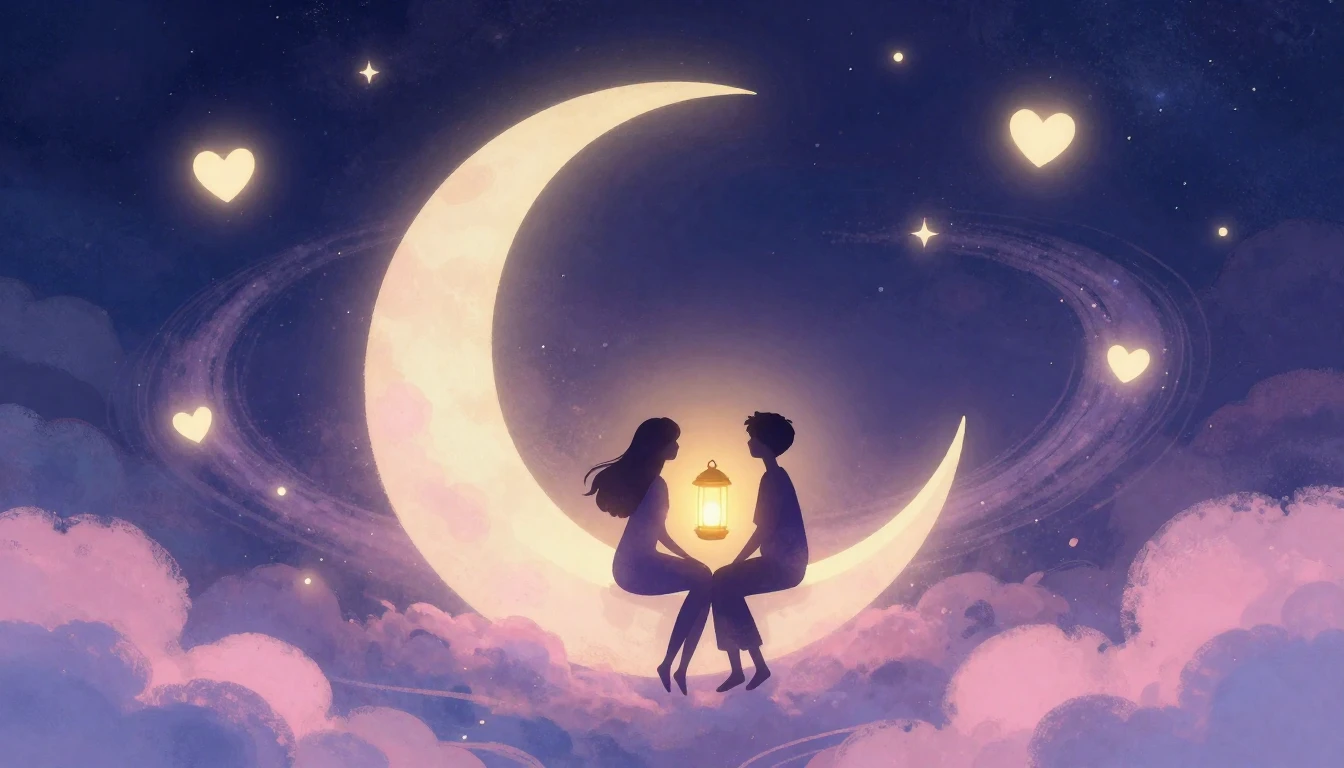A romantic and whimsical illustration featuring two stylized...