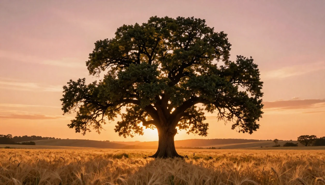 A majestic, ancient oak tree standing tall in a vast golden ...