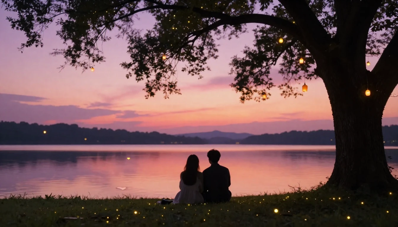 A romantic and dreamy scene featuring two indistinct silhoue...
