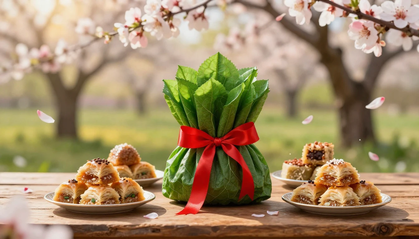 A vibrant spring scene celebrating Novruz. In the center, a ...