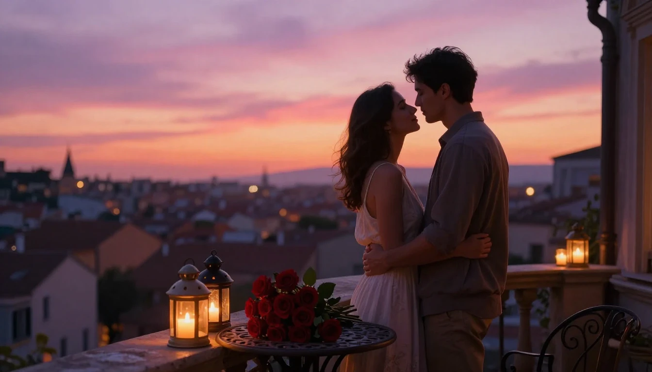 A cinematic, romantic scene of a couple standing on a balcon...