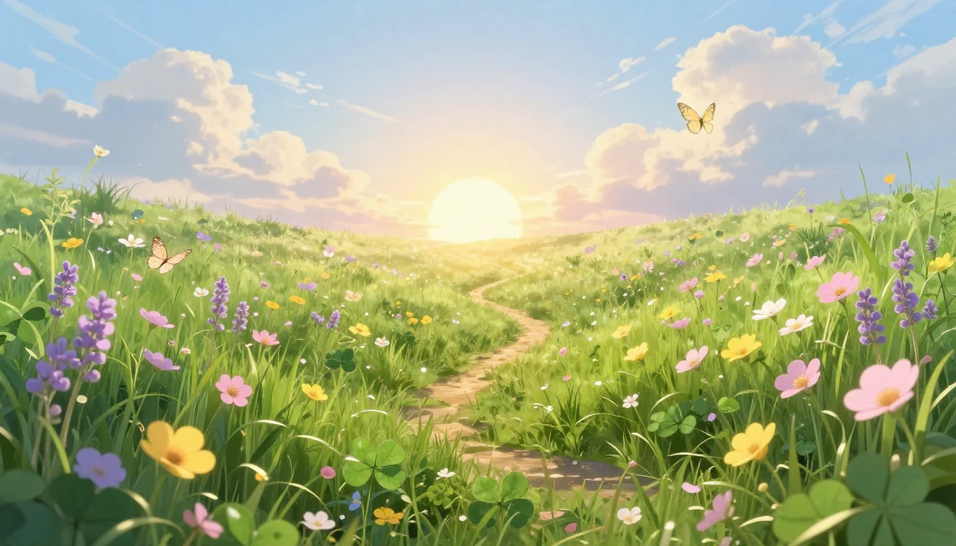 A serene and uplifting landscape representing happiness and ...