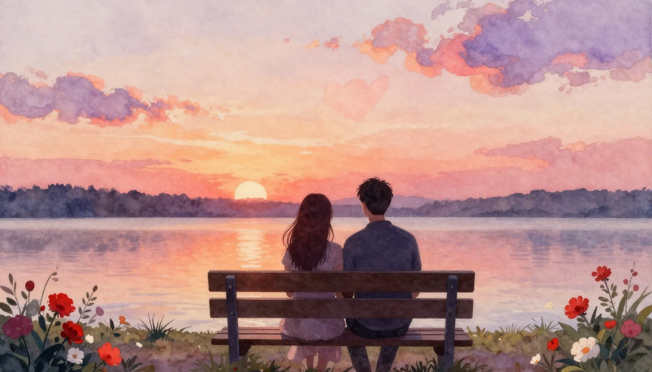 A soft and dreamy watercolor painting depicting two silhouet...