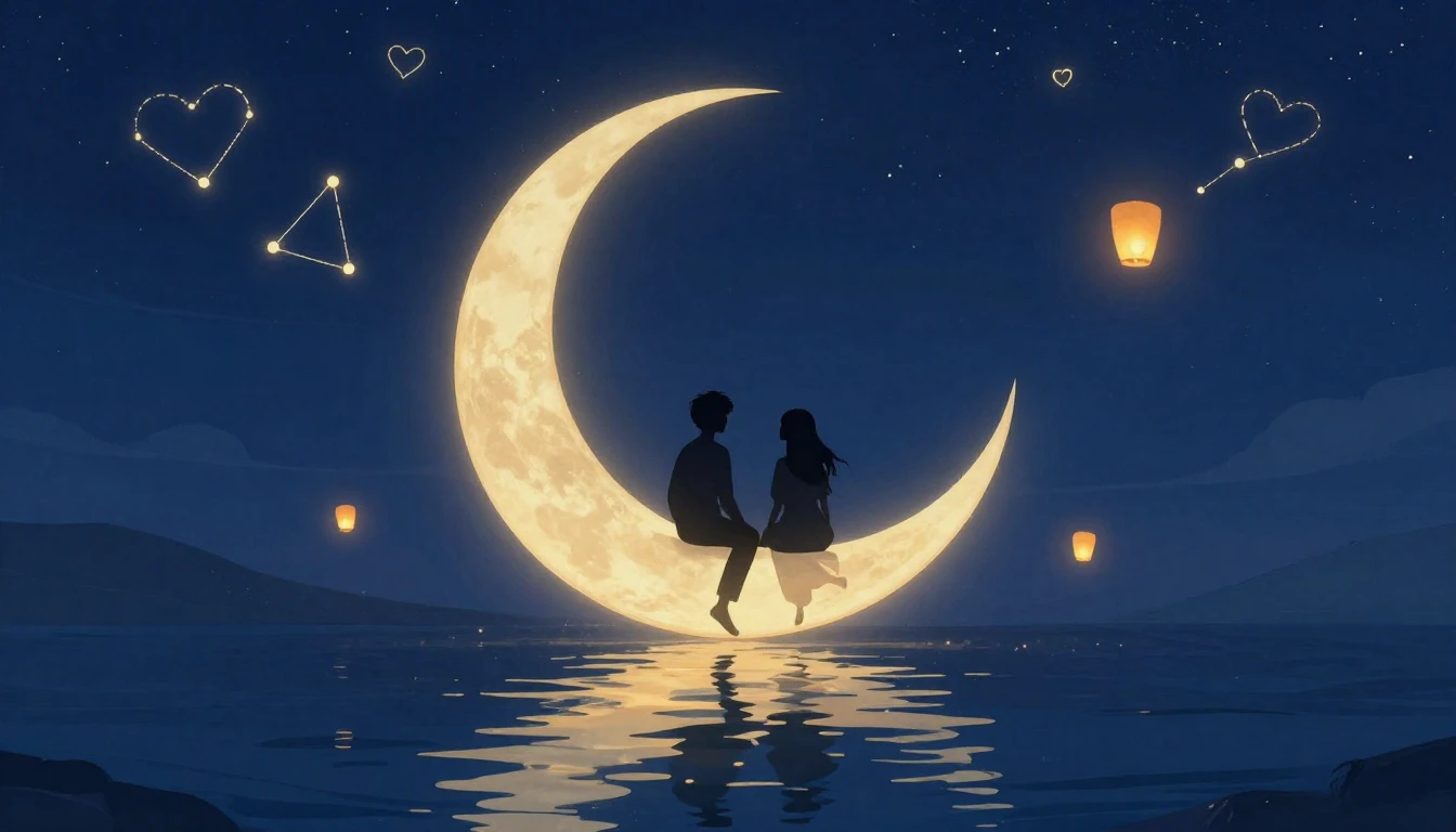 A romantic and dreamy illustration depicting two silhouettes...