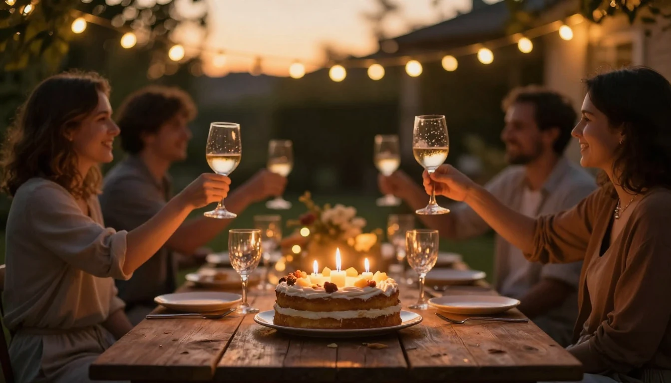 A cinematic wide shot of a warm, celebratory evening gatheri...