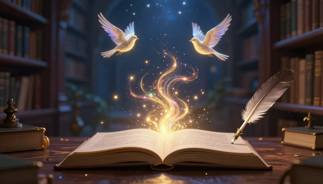 A magical open book resting on an ancient wooden desk in a m...