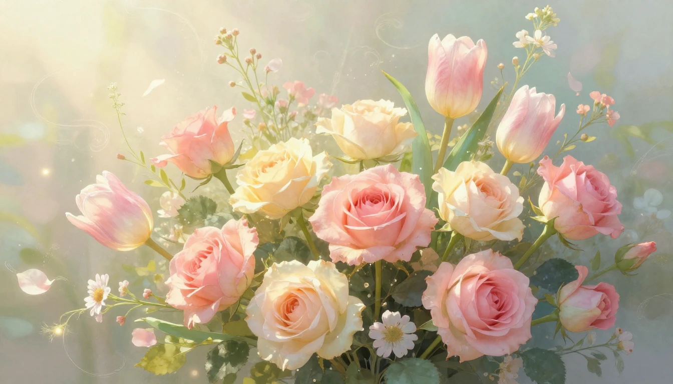 A soft and delicate composition of a lush spring bouquet fea...