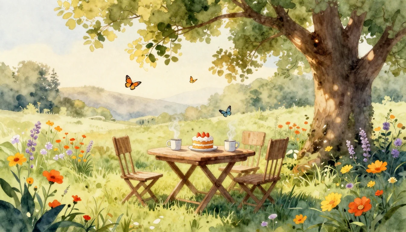 A serene and heartwarming watercolor painting of a cozy gard...