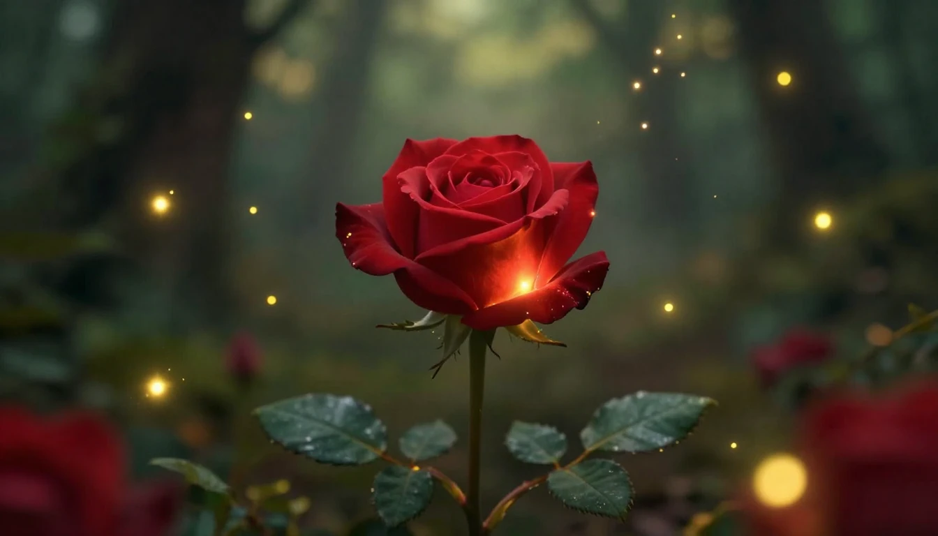 A beautiful, romantic scene of a single glowing red rose blo...
