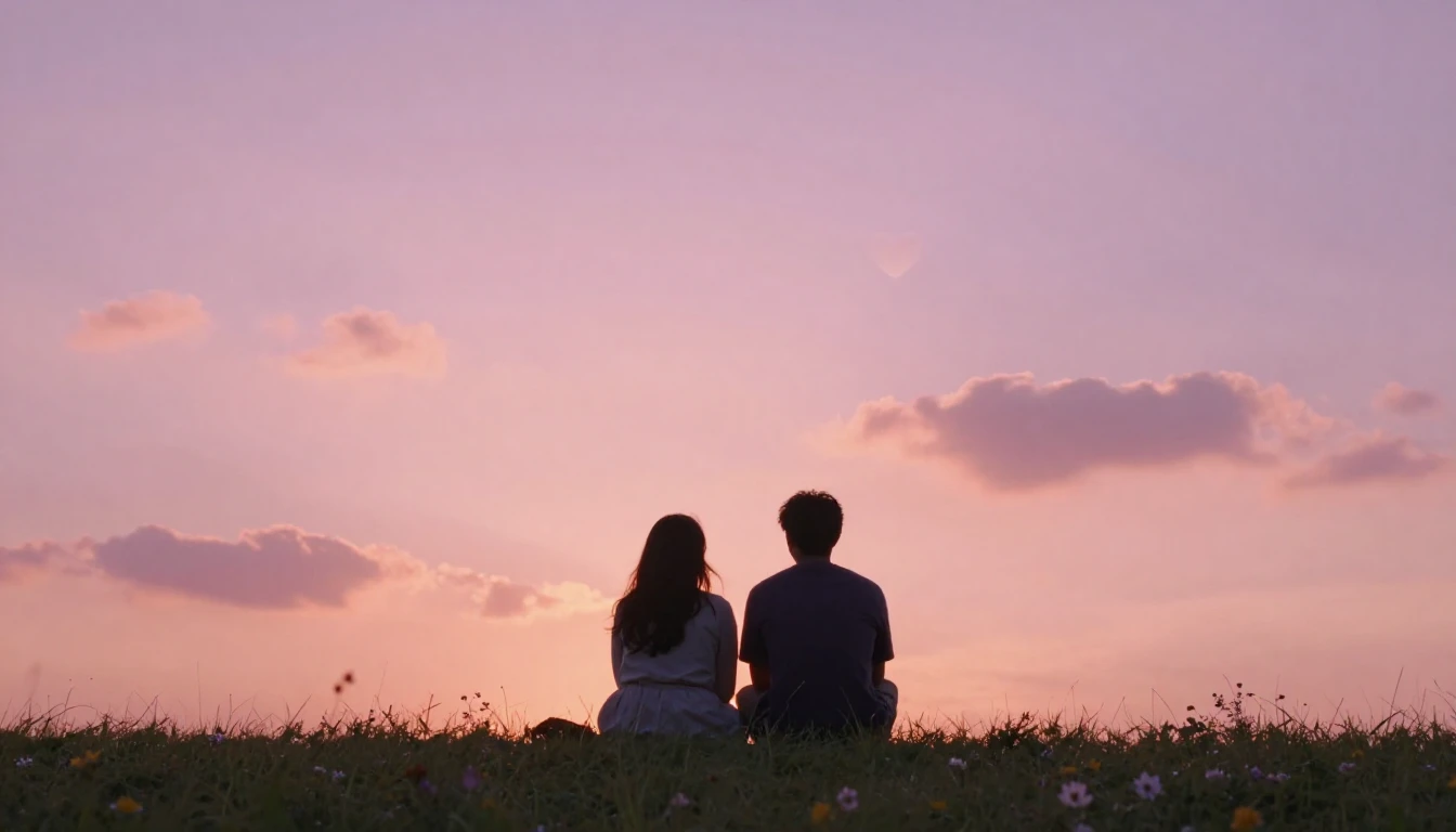 A romantic and dreamy scene featuring two silhouettes of a c...