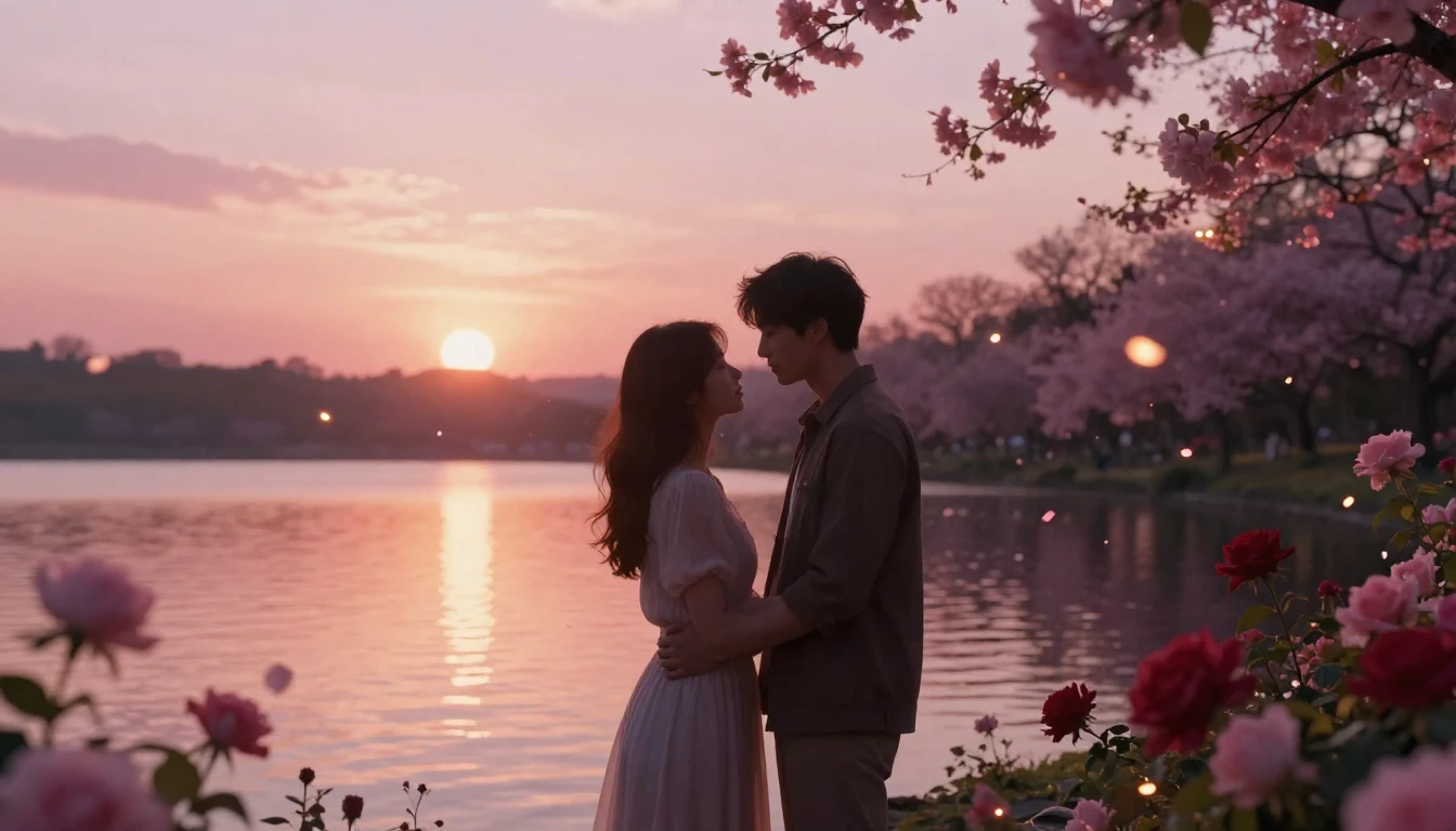 A romantic and ethereal scene of two lovers silhouetted agai...