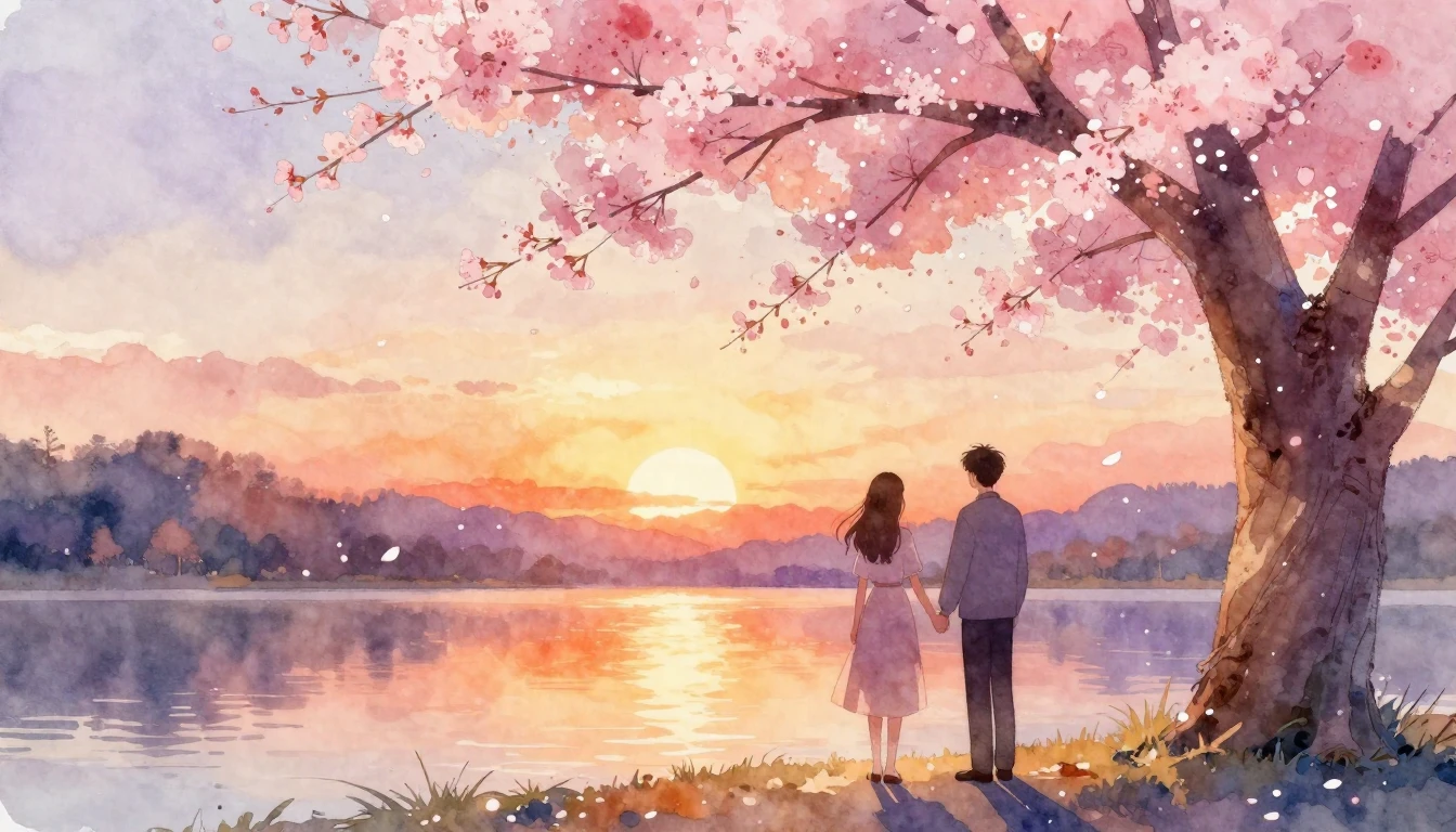 A romantic and ethereal watercolor illustration of two silho...