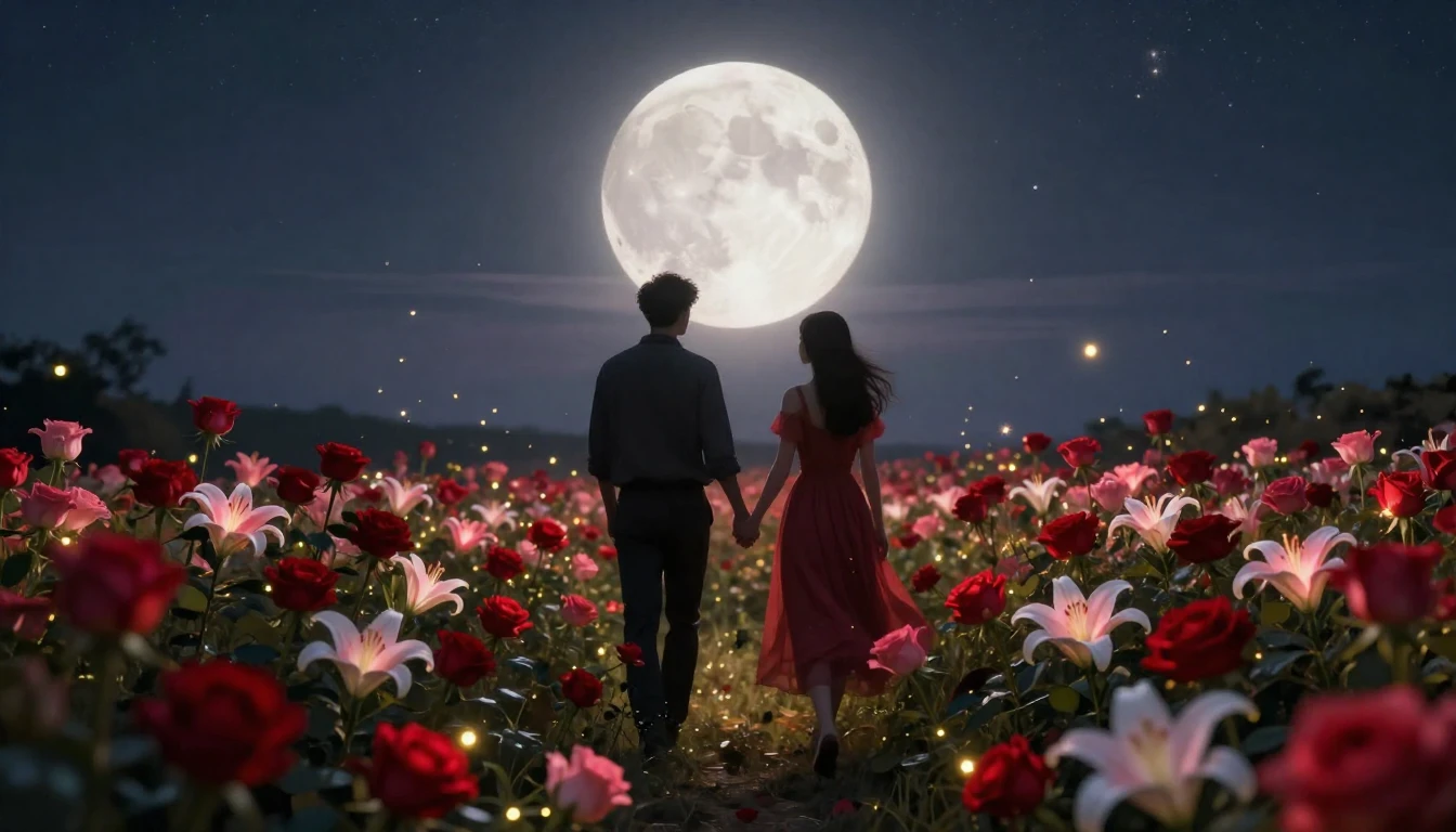 A romantic and ethereal scene of two silhouettes holding han...