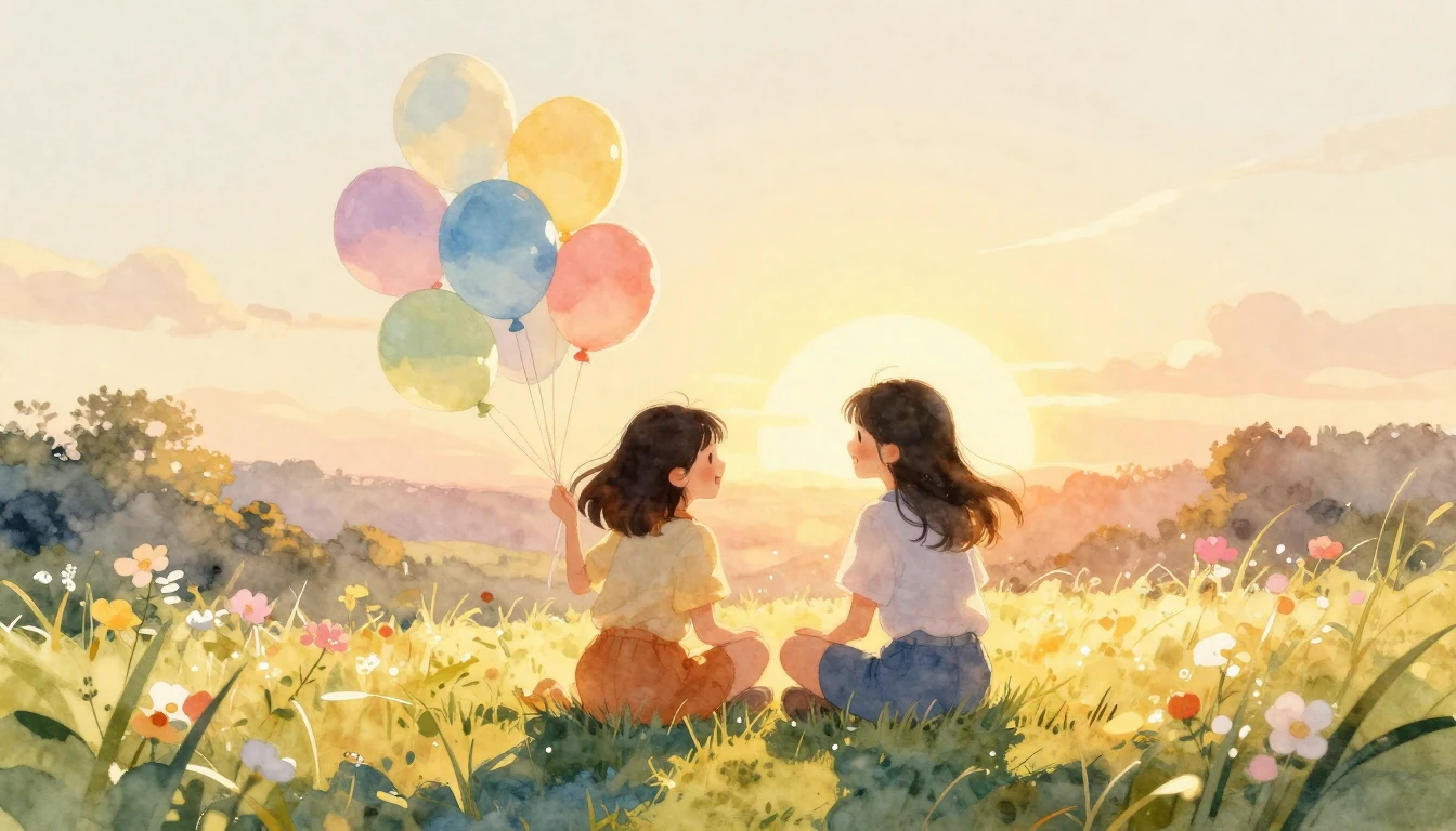 A heartwarming scene of two best friends sitting on a grassy...