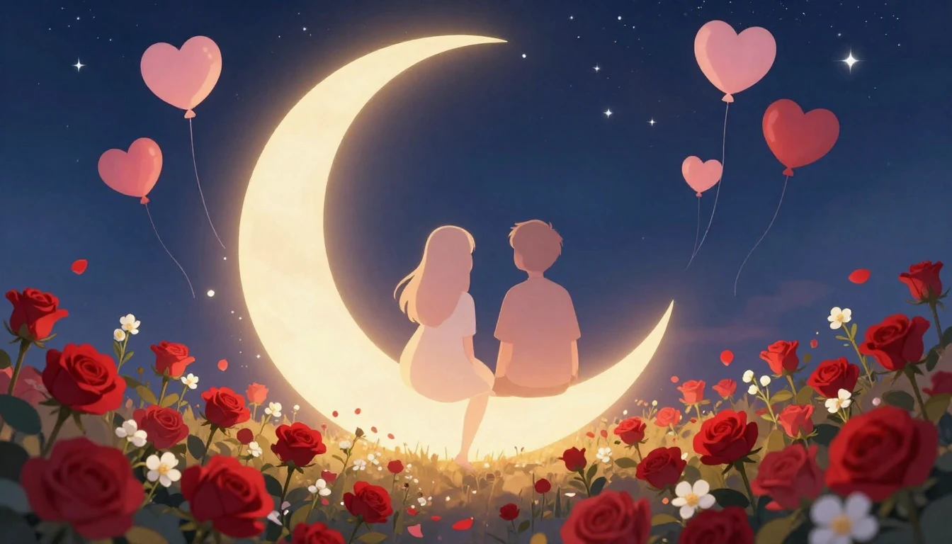 A warm and romantic illustration featuring two stylized, fac...