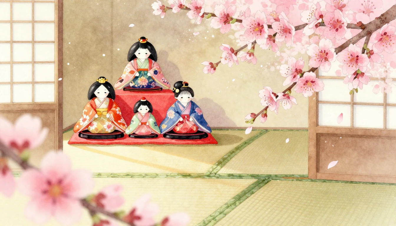A soft and gentle watercolor illustration for Hinamatsuri. A...