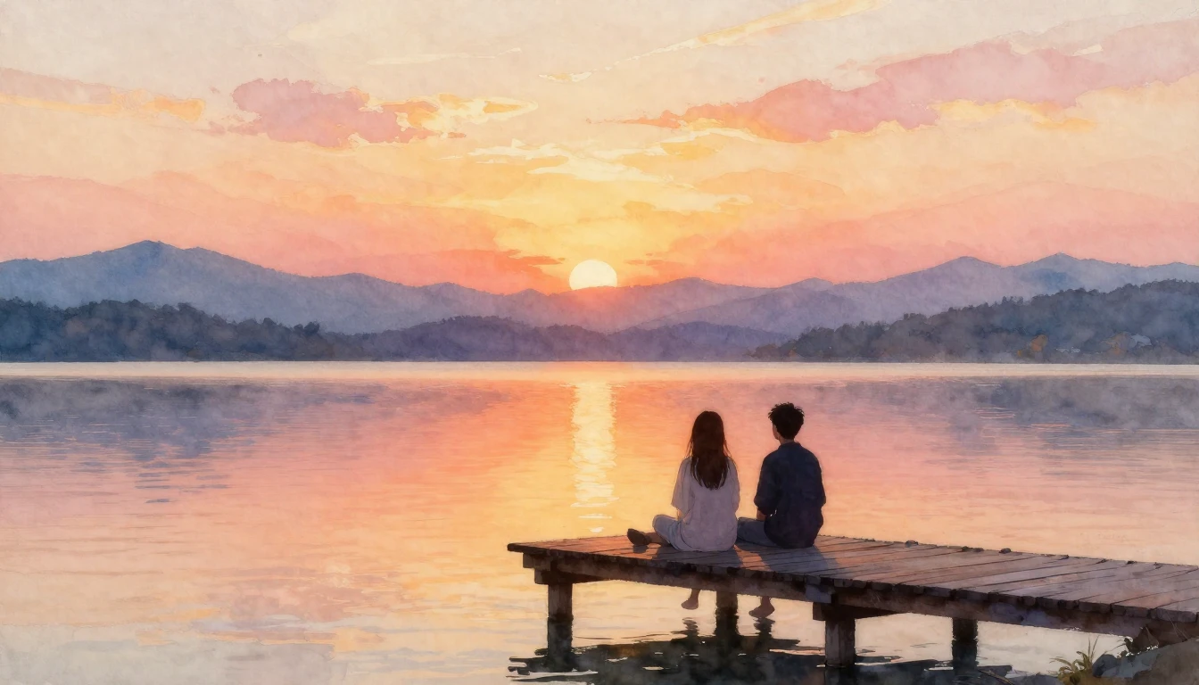 A warm and inviting watercolor painting depicting two silhou...