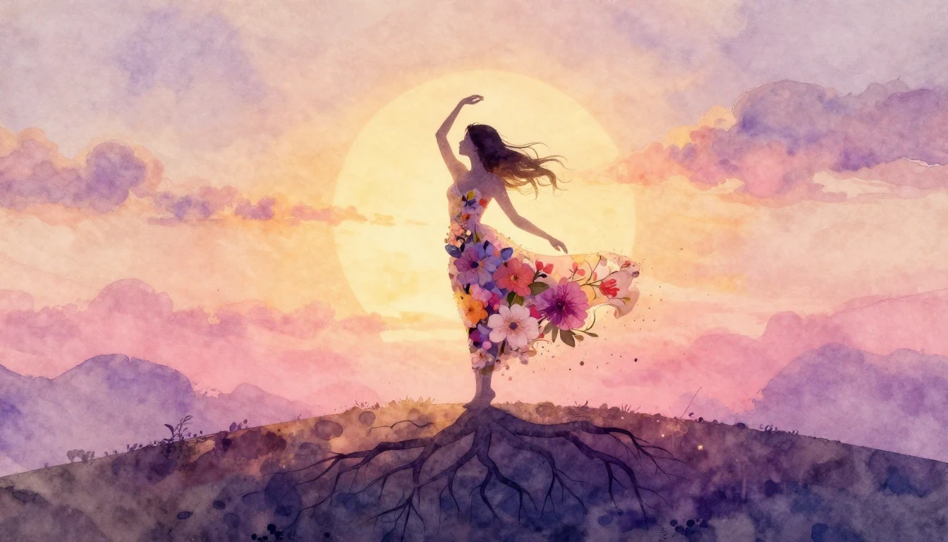 A graceful silhouette of a woman standing atop a hill at sun...