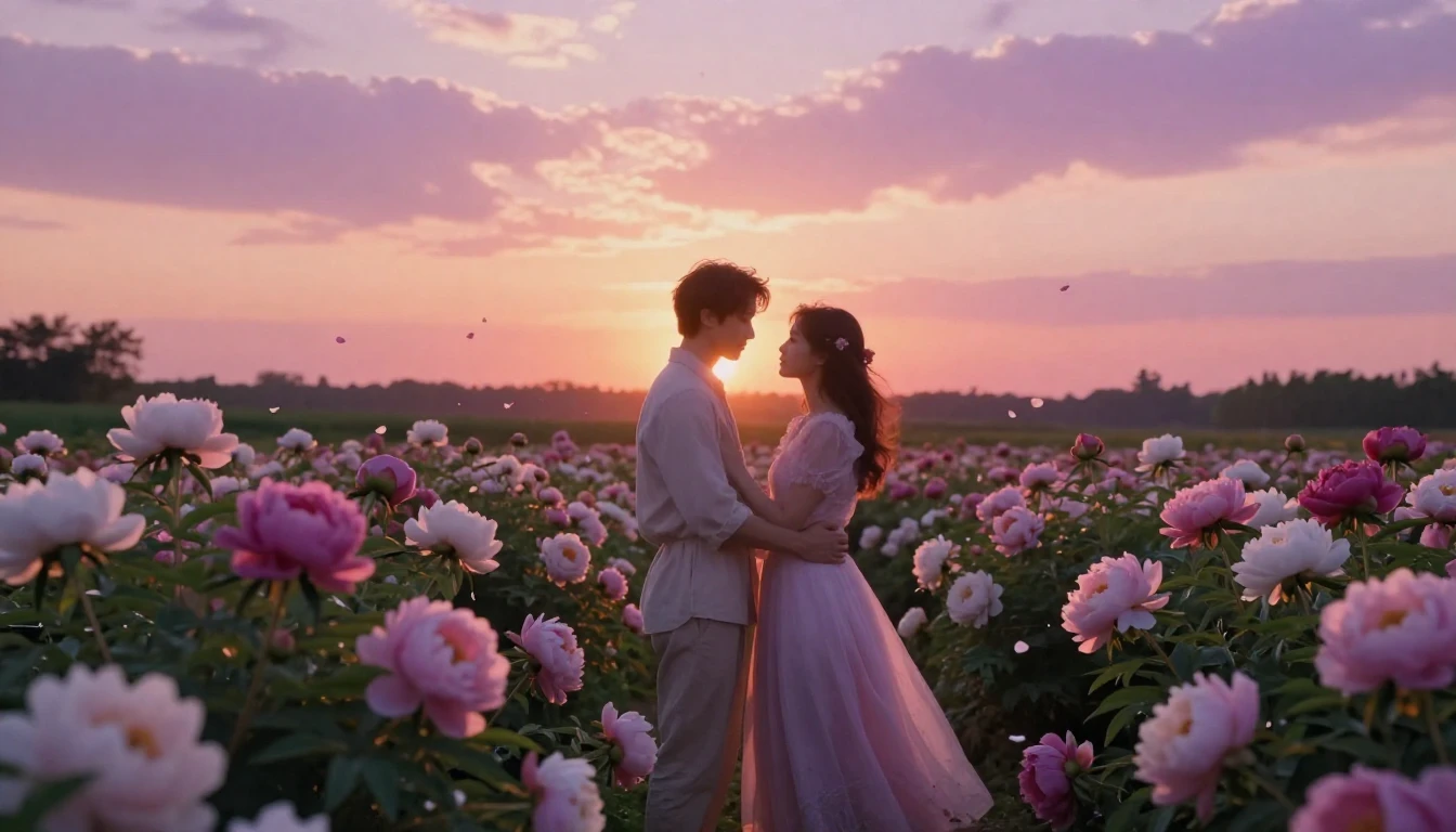 A romantic and ethereal scene of two people standing togethe...