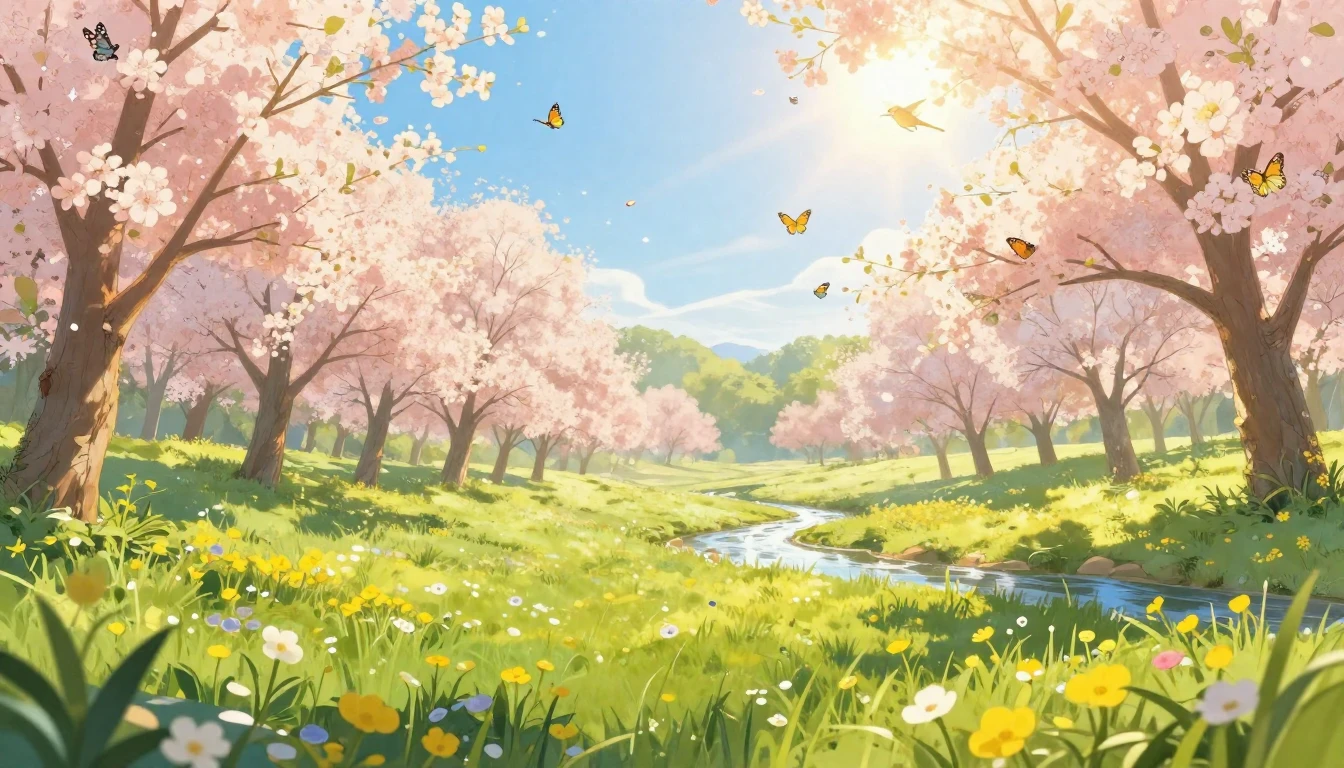 A beautiful spring landscape with blooming flowers, green gr...