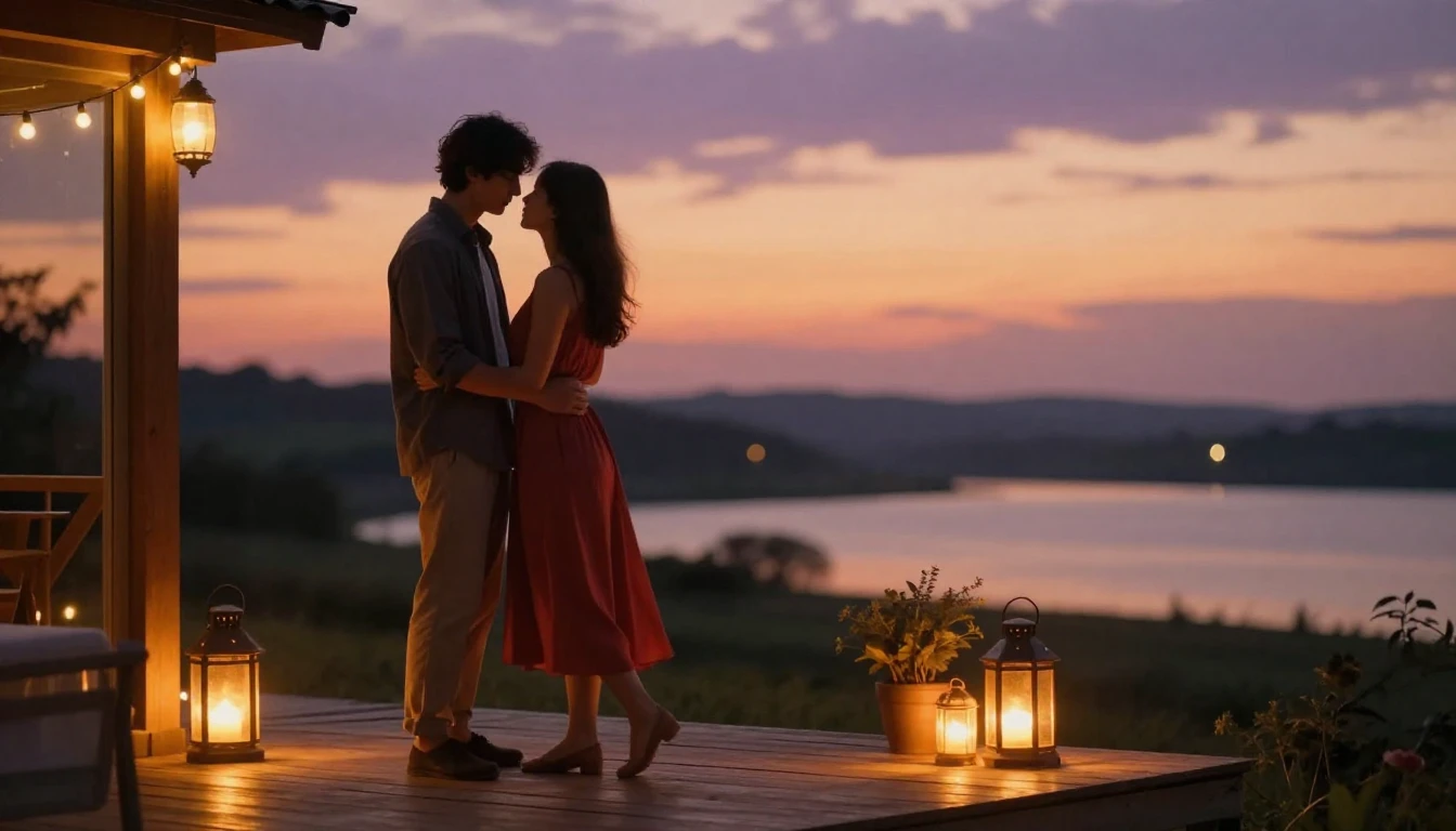 A cinematic and romantic scene of a couple sharing a quiet, ...