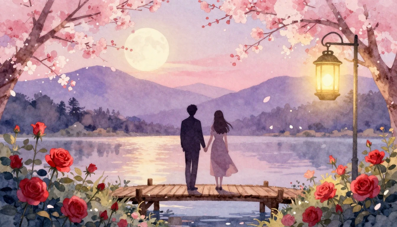 A soft and dreamy watercolor illustration depicting two silh...