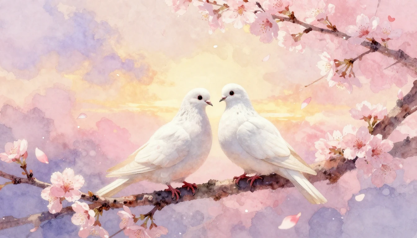 A soft and romantic watercolor painting depicting two white ...