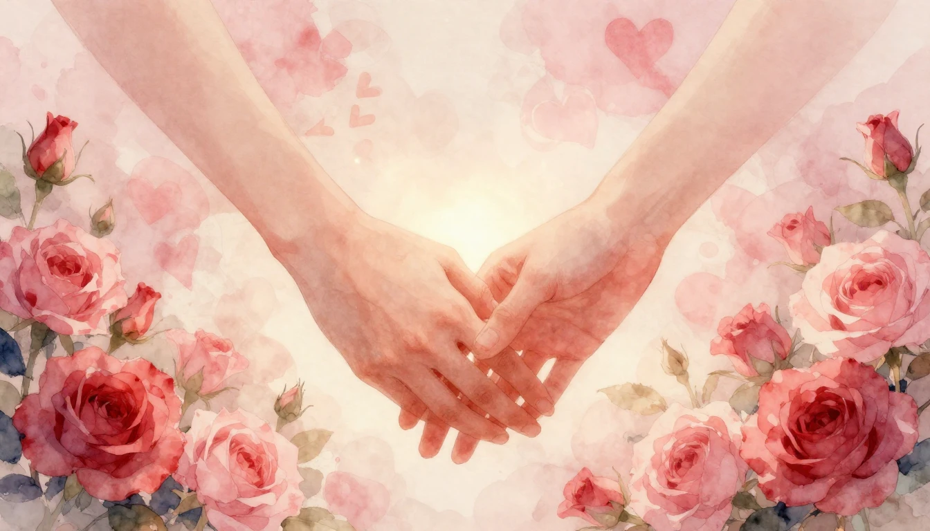 A soft and romantic watercolor painting depicting two hands ...