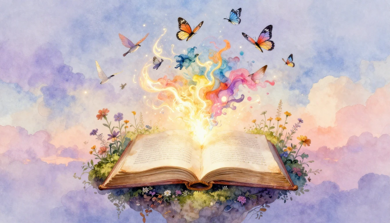 A dreamy and ethereal watercolor painting depicting an open ...